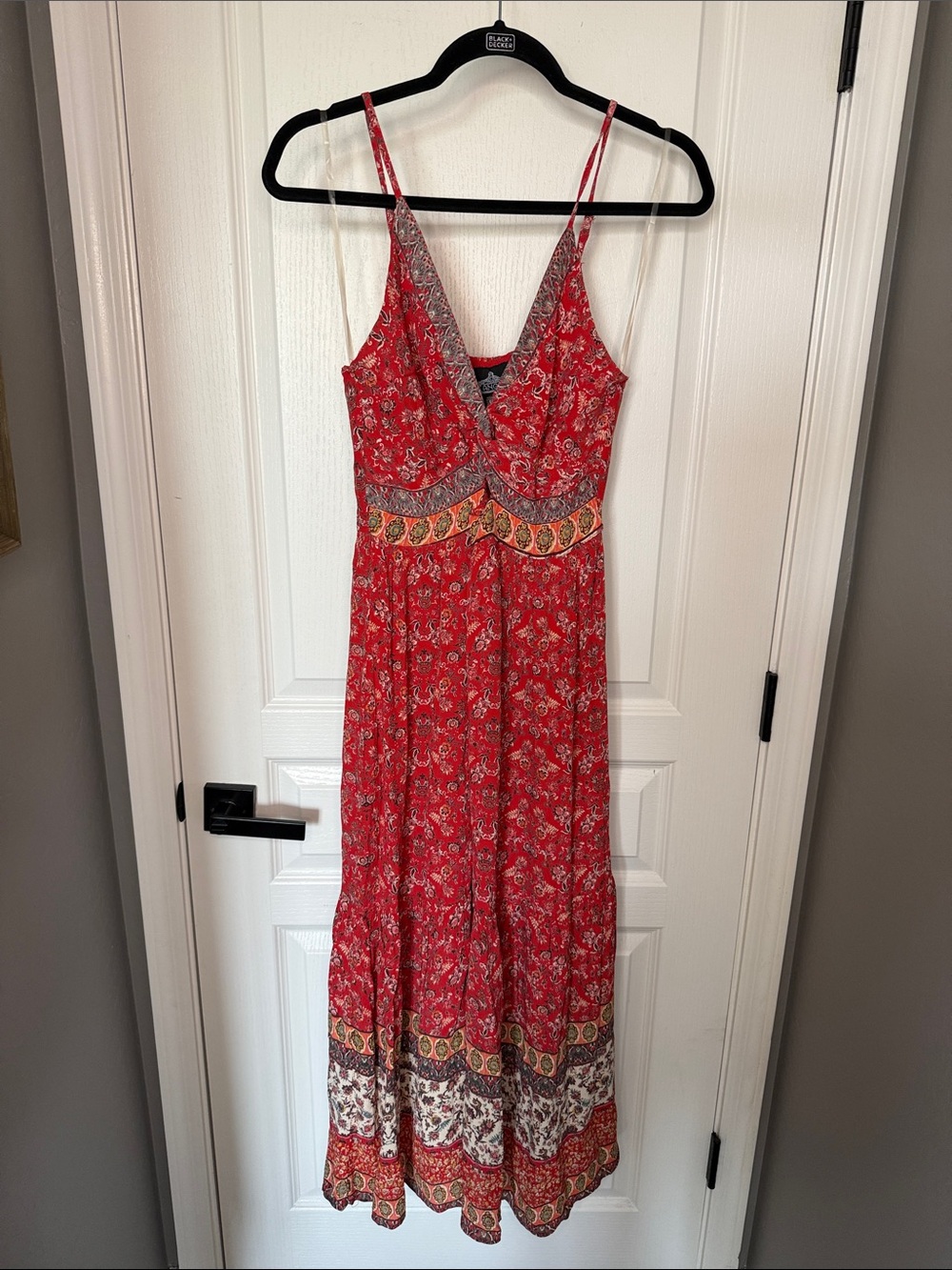 Angie Red Paisley Boho V-Neck Maxi Dress